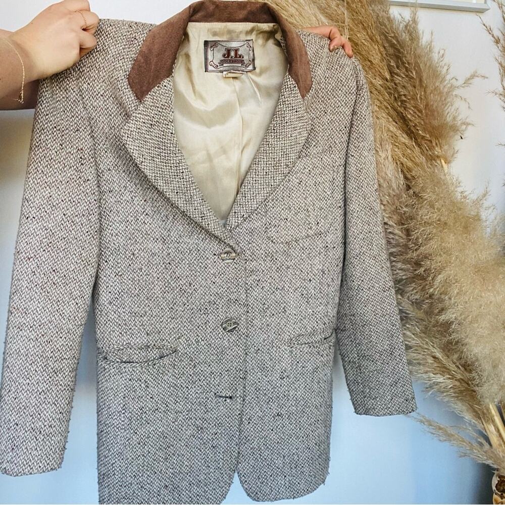 VINTAGE Cream White Brown Faux Suede Tweed Blazer Button Front Pocket Jacket S - Picture 3 of 7